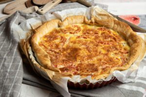 crab quiche on table