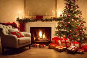 View of the room with a fireplace. Festive decorations and a Christmas tree