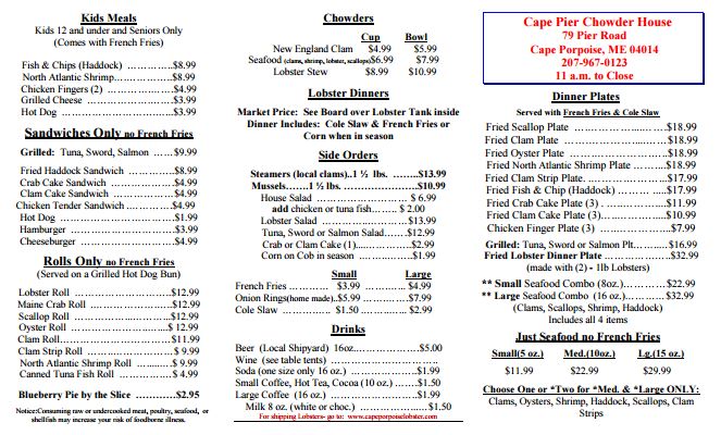 Cape Porpoise Menu 2018