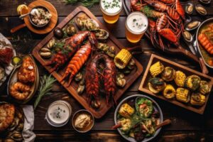 flat lay of grilled seafood and matching craft beers, created with generative ai