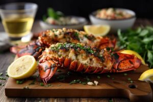 grilled lobster with garlic butter sauce nearby, created with generative ai