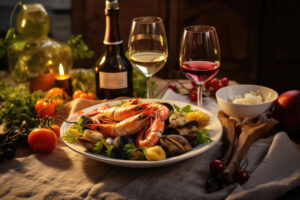 Assorted seafood and a glass of wine