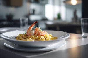 A delicious shrimp dish with fettuccine pasta on a kitchen table. AI generated. front view