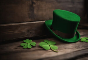 st. patrick's day hat and clover leaves on wooden background